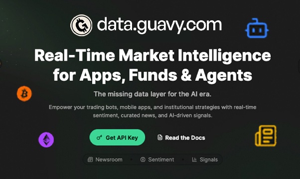 The data.guavy.com home page: real-time market intelligence for apps, funds and agents
