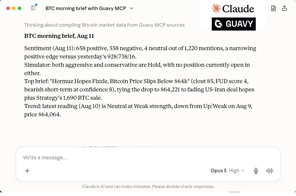 Claude with the Guavy MCP connected, returning a BTC morning brief with 658 positive, 558 negative and 4 neutral out of 1,220 mentions