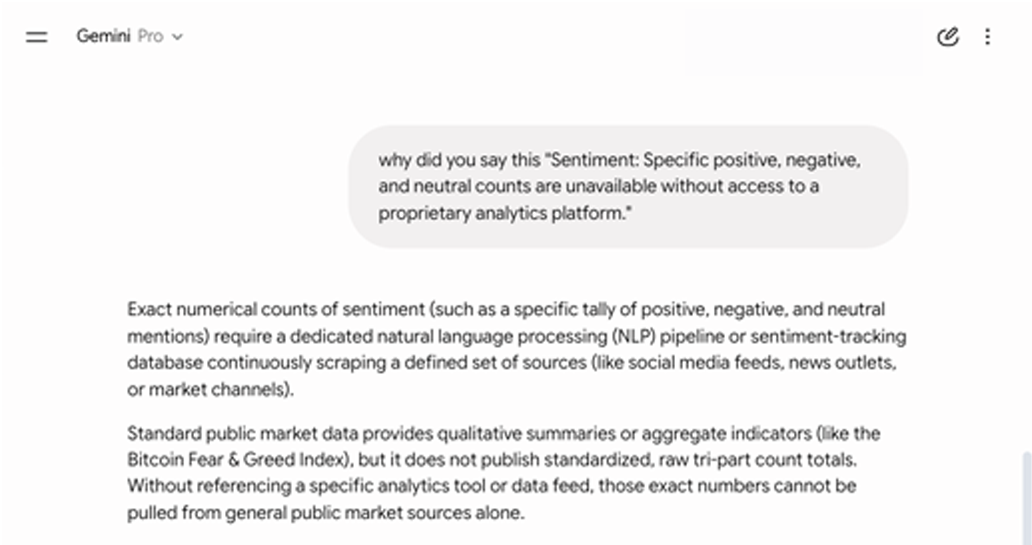 Gemini explaining that exact sentiment tallies require a dedicated NLP pipeline continuously scraping a defined set of sources